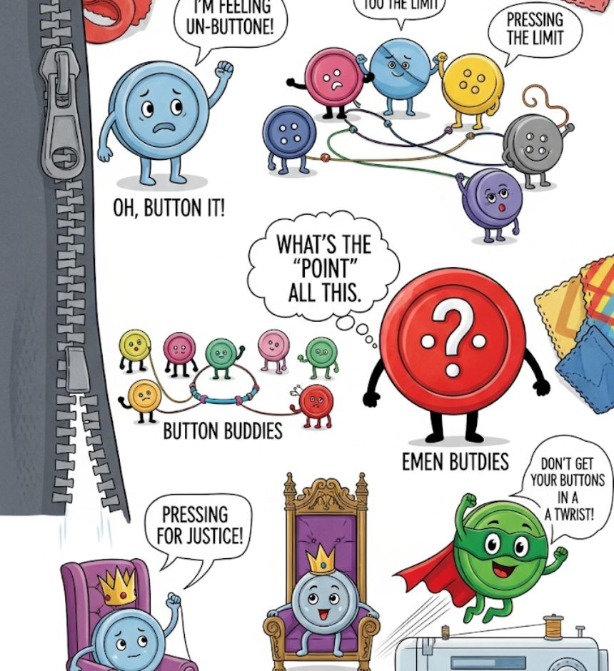 A playful collection of 107 button puns and jokes designed to stitch up your mood with laughter and add humor to social media posts.