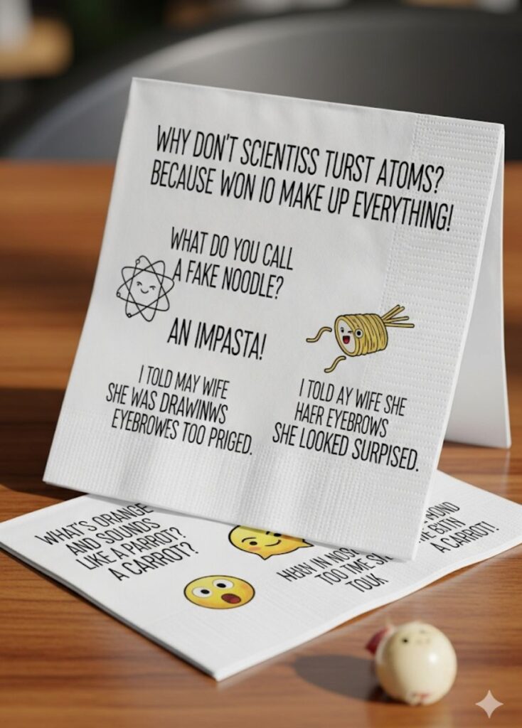 A playful collection of 128 witty napkin puns and jokes designed to bring laughter with every meal and bite.