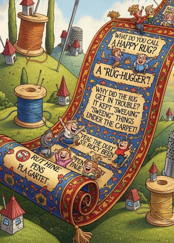 A collection of 198 witty rug puns and jokes, rolling out playful humor, clever wordplay, and lighthearted laughs for readers to enjoy