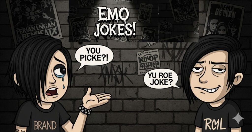 "Cartoon emo character laughing with tears, surrounded by playful icons, representing 150+ emo jokes and puns to turn sadness into humor."