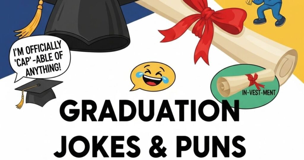 ChatGPT said: "Graduation cap, diploma, and confetti with a cheerful vibe, representing funny and clever graduation jokes and puns."