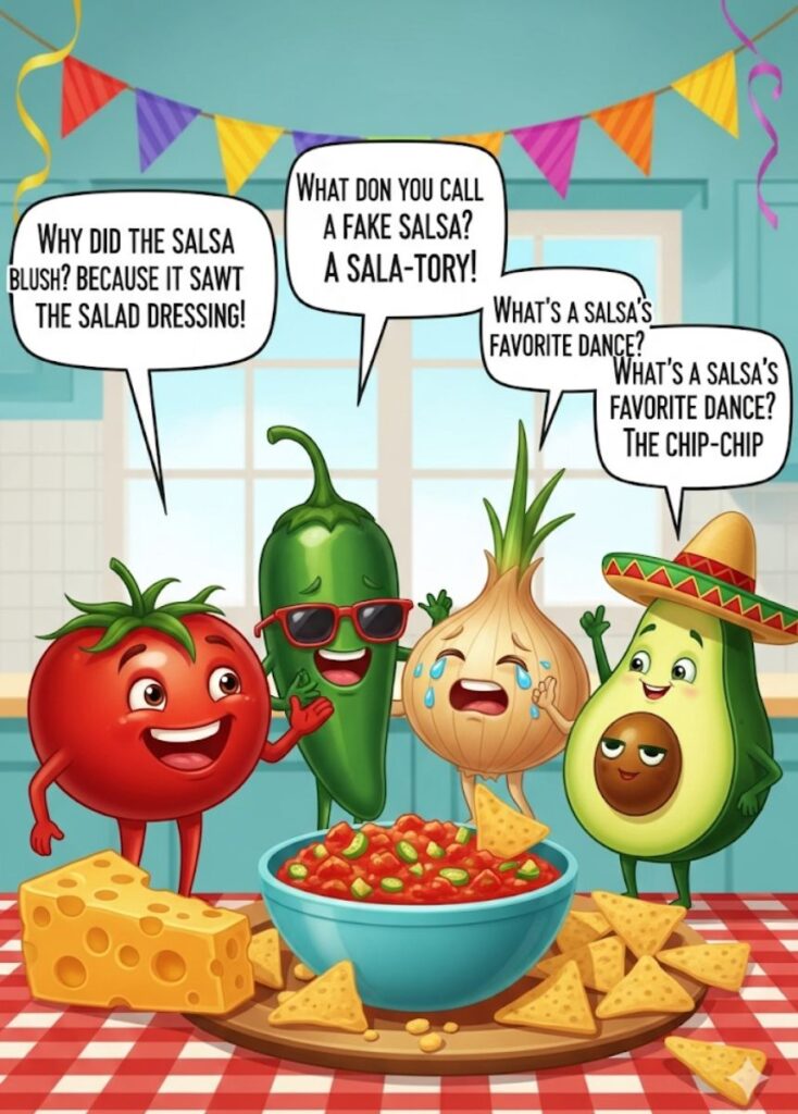 A collection of short and sweet salsa jokes, packed with playful humor, clever wordplay, and lighthearted laughs for quick enjoyment