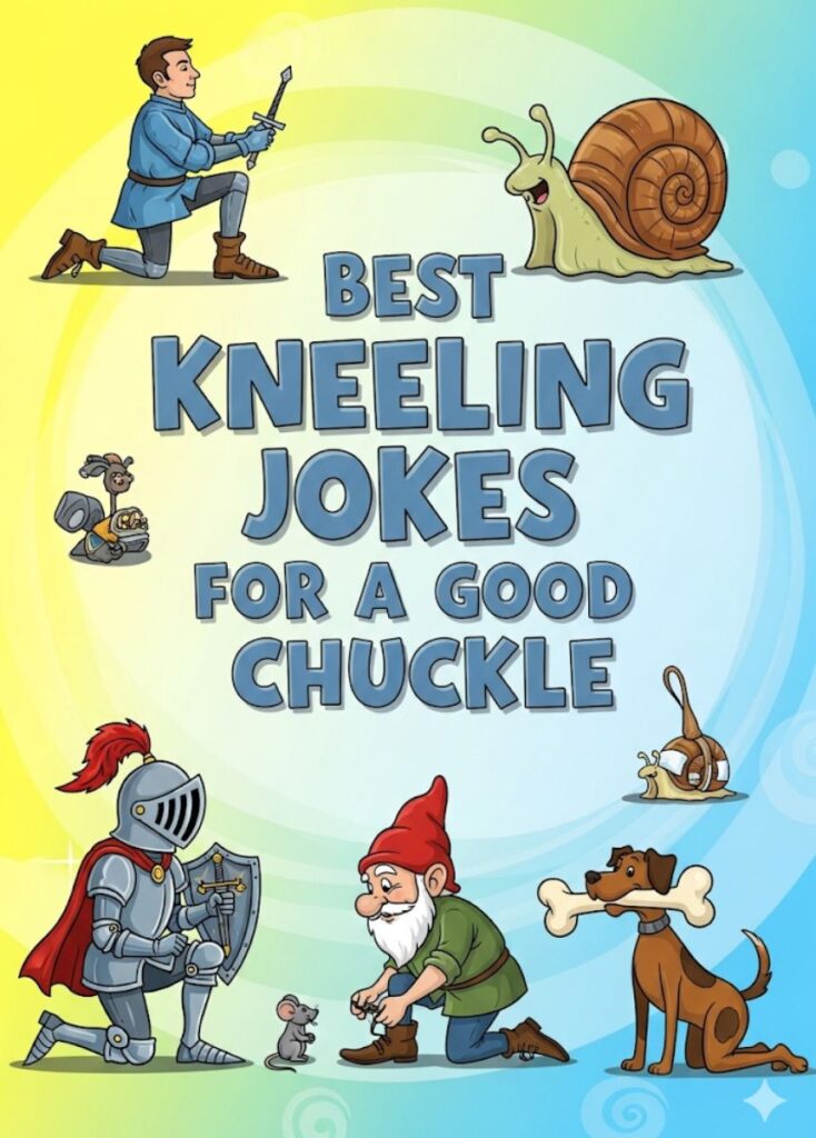 "Cartoon character kneeling and laughing with cheerful emojis, representing the best kneeling jokes for a good chuckle."
