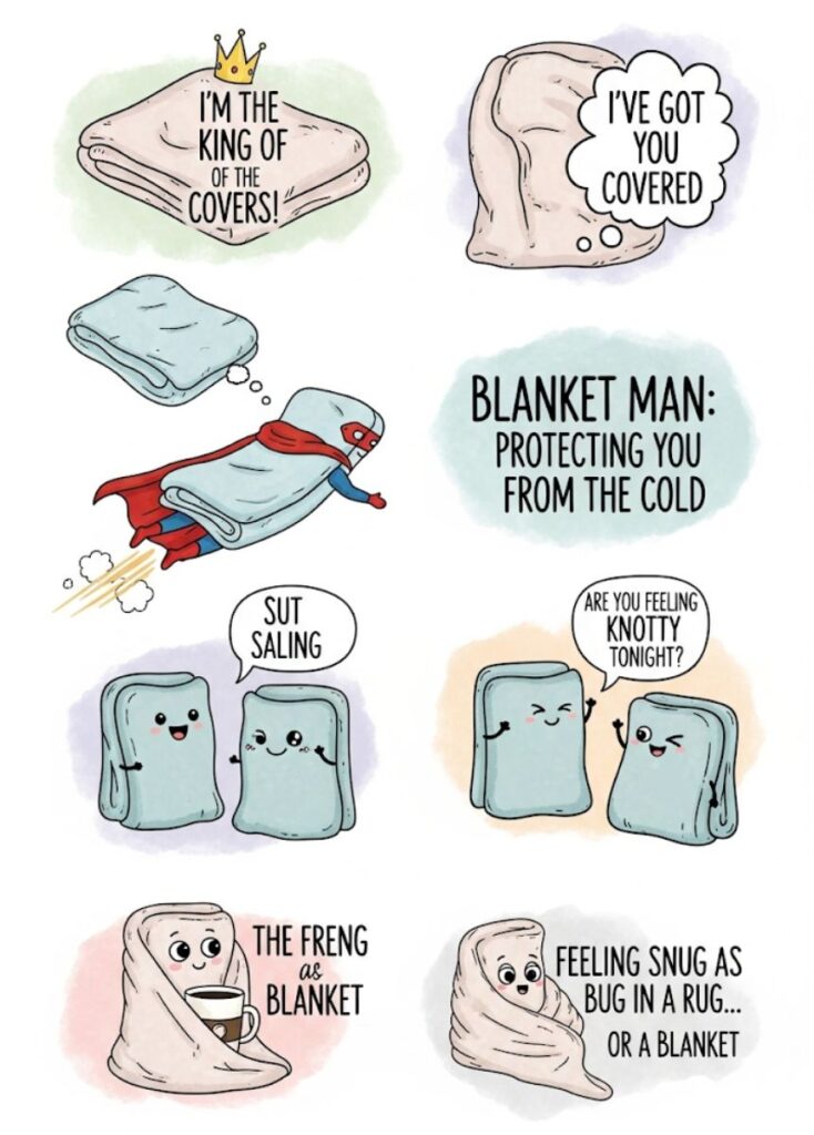 A cozy collection of blanket-themed puns, jokes, and witty captions for social media, featuring playful humor and creative wordplay around blankets.