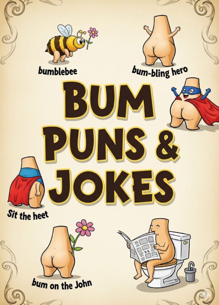 "Playful cartoon bum with laughing emojis and comic text, representing 150+ bum puns and jokes that’ll make you crack up