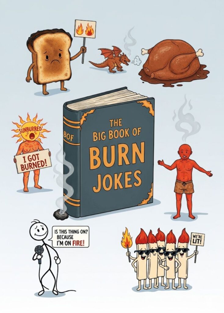 A collection of burn-themed puns and jokes featuring clever wordplay, witty comebacks, and humorous one-liners to entertain and amuse readers.