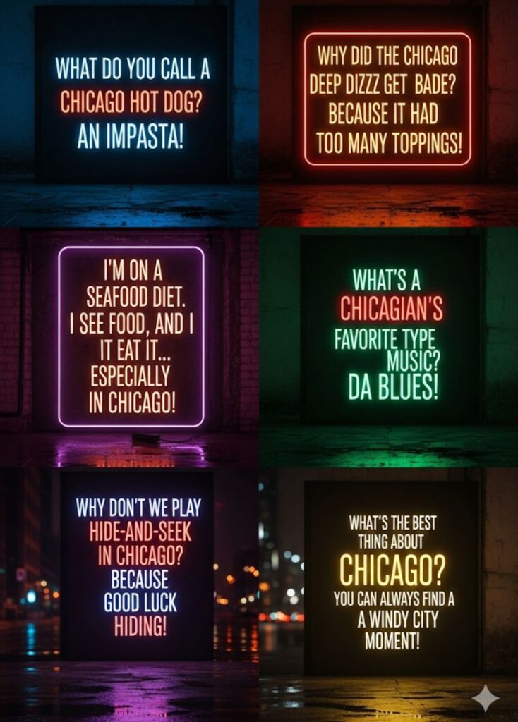 A collection of catchy Chicago one-liners and jokes, packed with clever humor, witty wordplay, and playful nods to the Windy City."