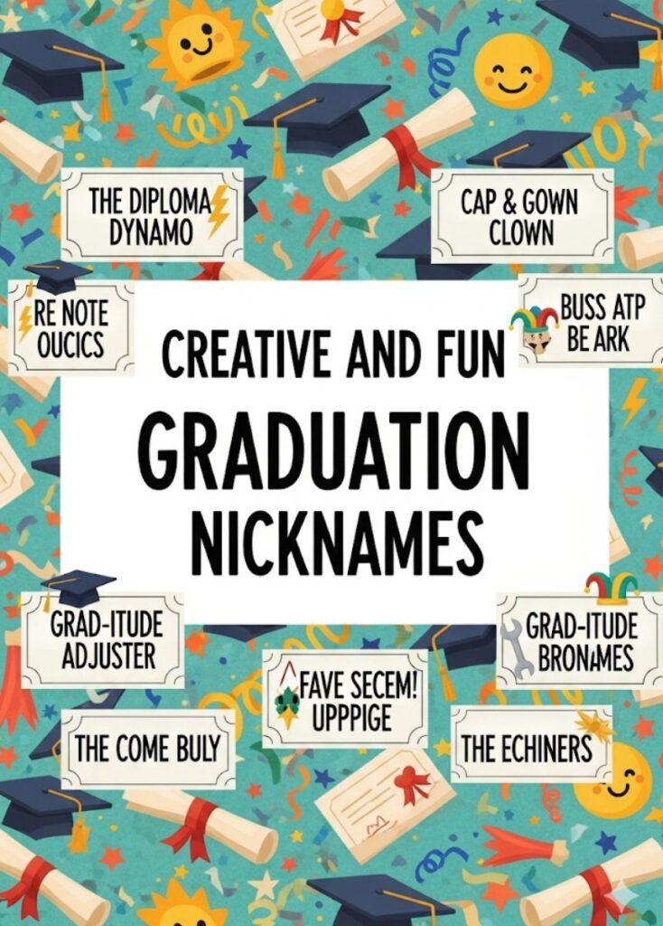 "Colorful graduation caps and confetti with smiling graduates, representing creative and fun graduation nicknames to celebrate achievements."