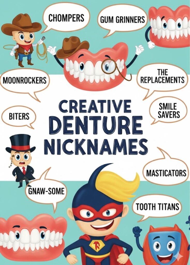 "Playful cartoon dentures with colorful name tags, representing creative denture nicknames."