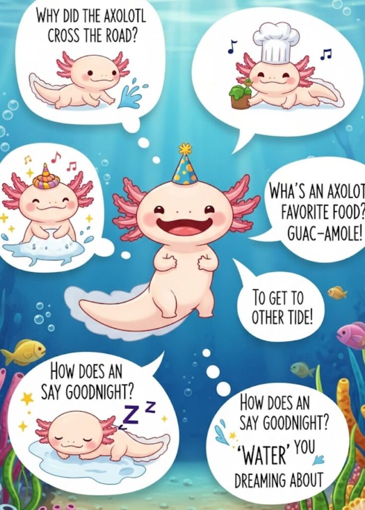 Cute and short axolotl jokes that bring quick laughs and adorable humor."