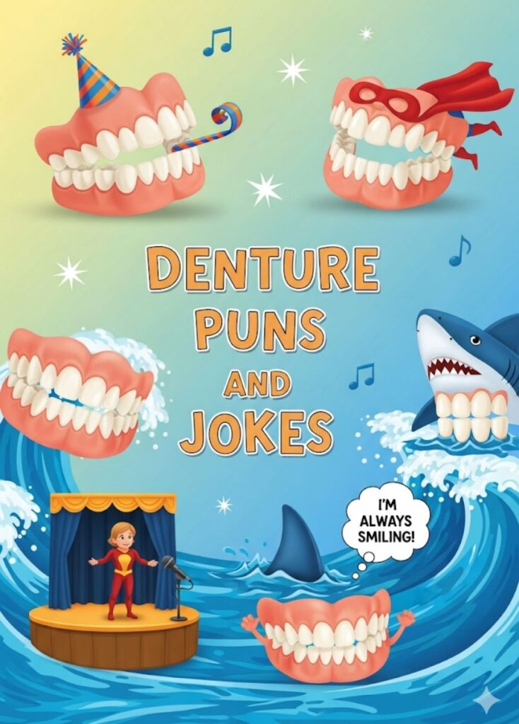 "Cartoon dentures laughing with sparkling teeth and playful vibes, representing 150 delightful denture puns and jokes that’ll crack you up."