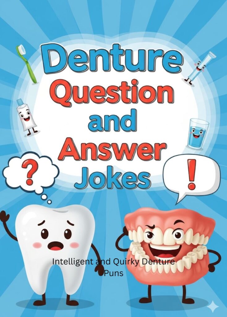 "Cartoon dentures with question marks and laughing emojis, representing funny denture question and answer jokes."