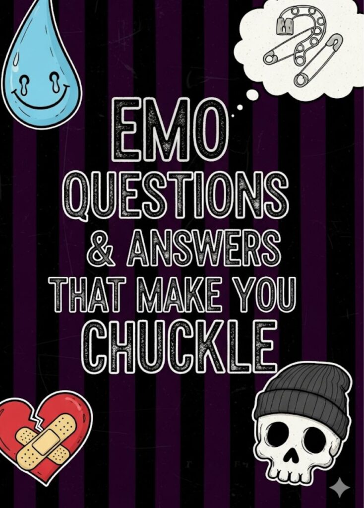 "Emo character with question marks and laughing emojis around, representing funny emo questions and answers that make you chuckle."