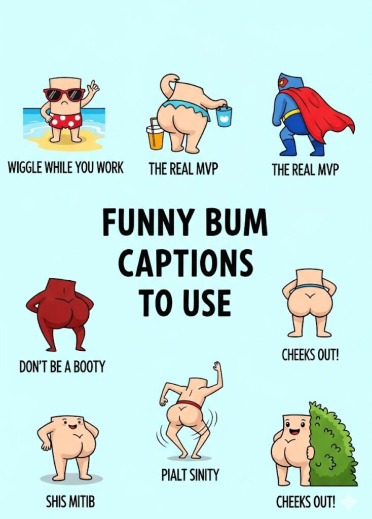 "Playful cartoon bum with witty text bubbles, representing funny bum captions to use."
