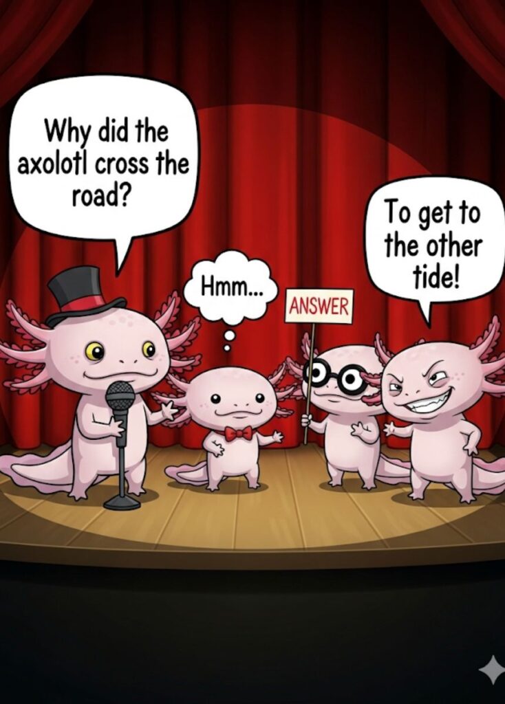 Funny Q&A axolotl jokes packed with playful humor and aquatic charm."