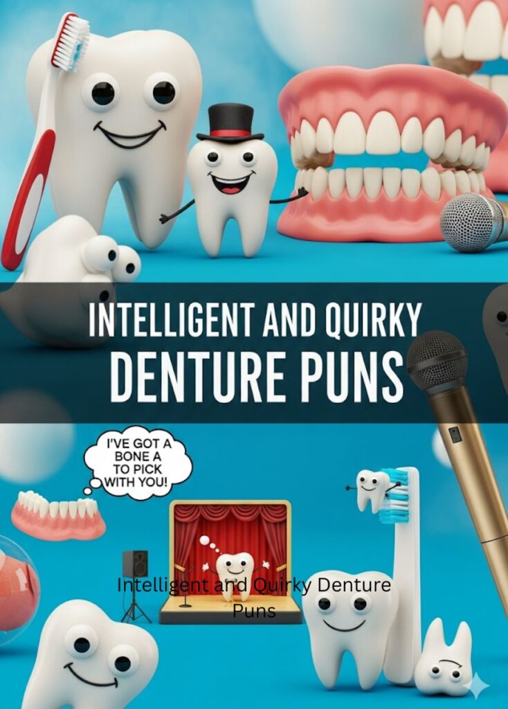 "Smiling cartoon dentures with glasses and sparkles, representing intelligent and quirky denture puns."