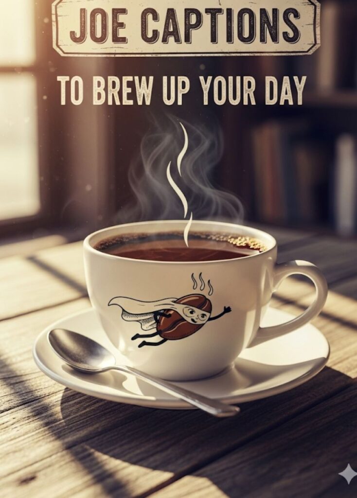 "Creative Joe captions brewed to brighten your day with coffee-inspired humor."