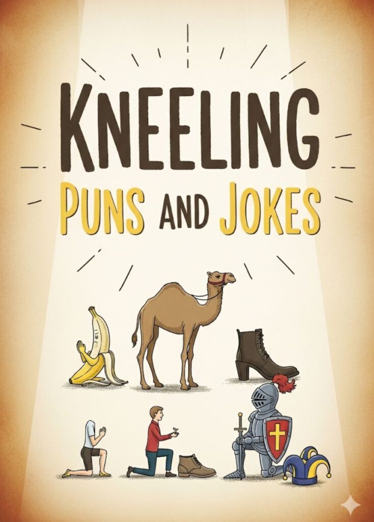 "Cartoon character kneeling with laughing emojis and playful text, representing 133 kneeling puns and jokes to elevate your humor."
