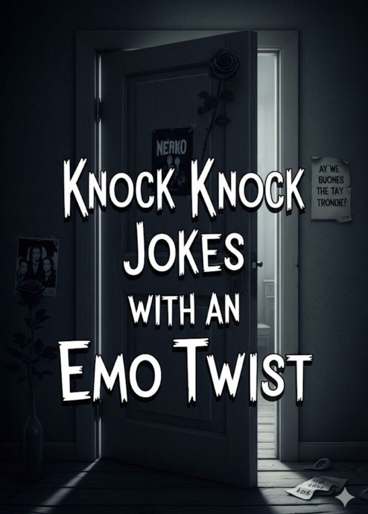 Emo character knocking on a door with a playful smile, representing knock knock jokes with an emo twist."