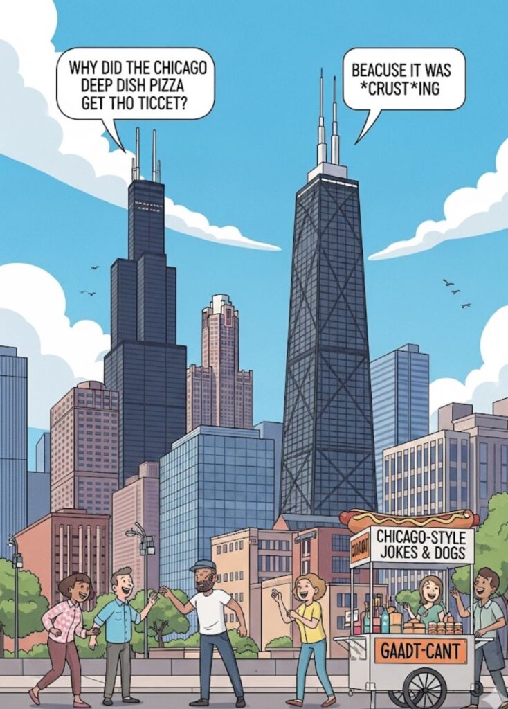 A collection of lighthearted Chicago Q&A jokes, featuring playful humor, witty answers, and fun references to the Windy City