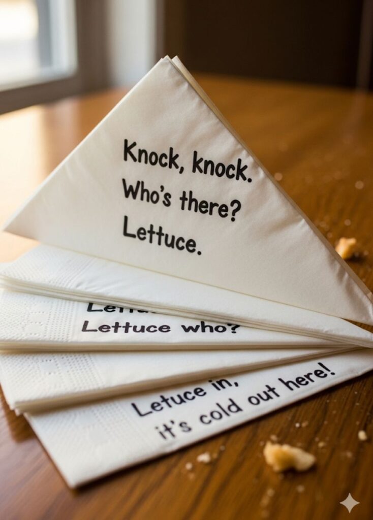 Hilarious napkin-themed knock-knock jokes guaranteed to bring a good laugh and lighten up any mealtime or conversation.