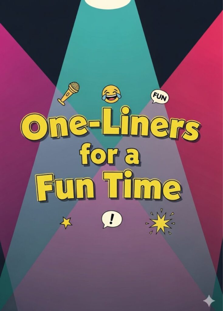 "Smiling person with speech bubbles full of witty lines, representing one-liners for a fun time."