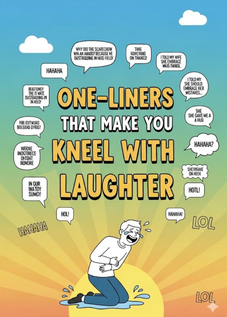 "Cartoon character laughing on one knee with speech bubbles, representing one-liners that make you kneel with laughter."