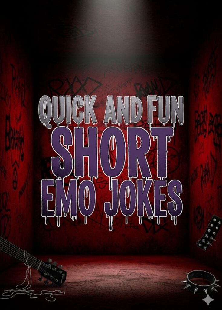 "Cartoon emo character smiling through tears with playful icons, representing quick and fun short emo jokes."