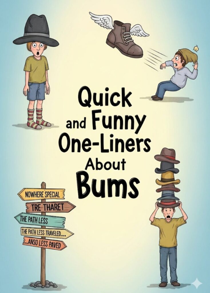 "Playful cartoon bum with laughing emojis and speech bubbles, representing quick and funny one-liners about bums."