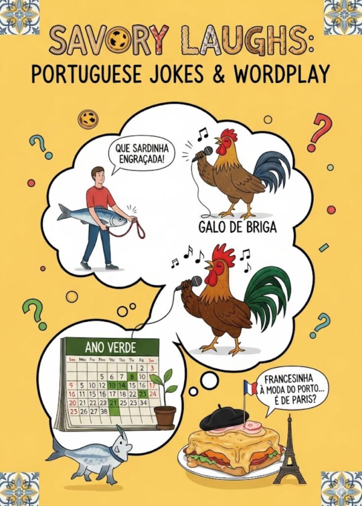 Savory laughs with Portuguese jokes and wordplay, combining clever humor and cultural twists for a delightful comedic experience.