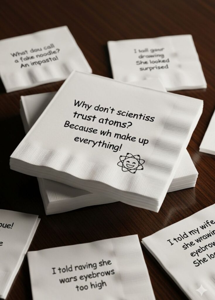 Short and sweet napkin jokes that deliver quick laughs and brighten any mealtime with clever humor.