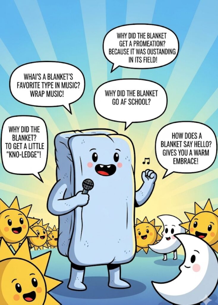 A fun collection of short blanket jokes and witty one-liners guaranteed to bring laughter and brighten anyone’s day