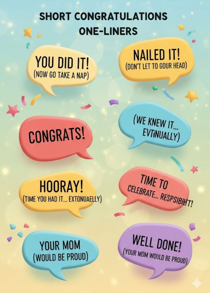 Short congratulations one-liners with light humor, perfect for quick, cheerful messages that bring smiles and celebrate achievements