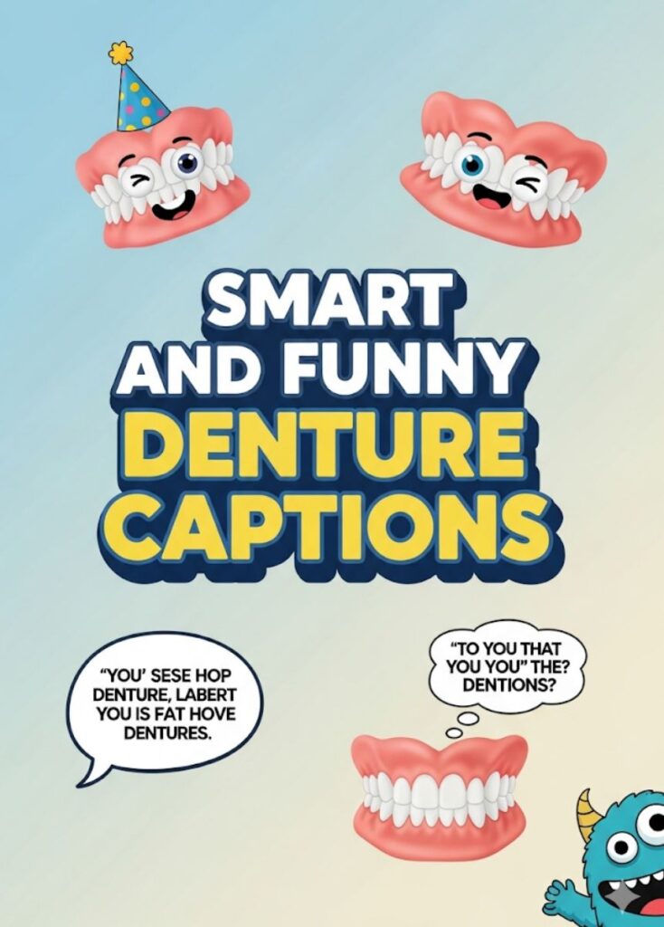 "Cartoon dentures smiling with witty text bubbles, representing smart and funny denture captions."
