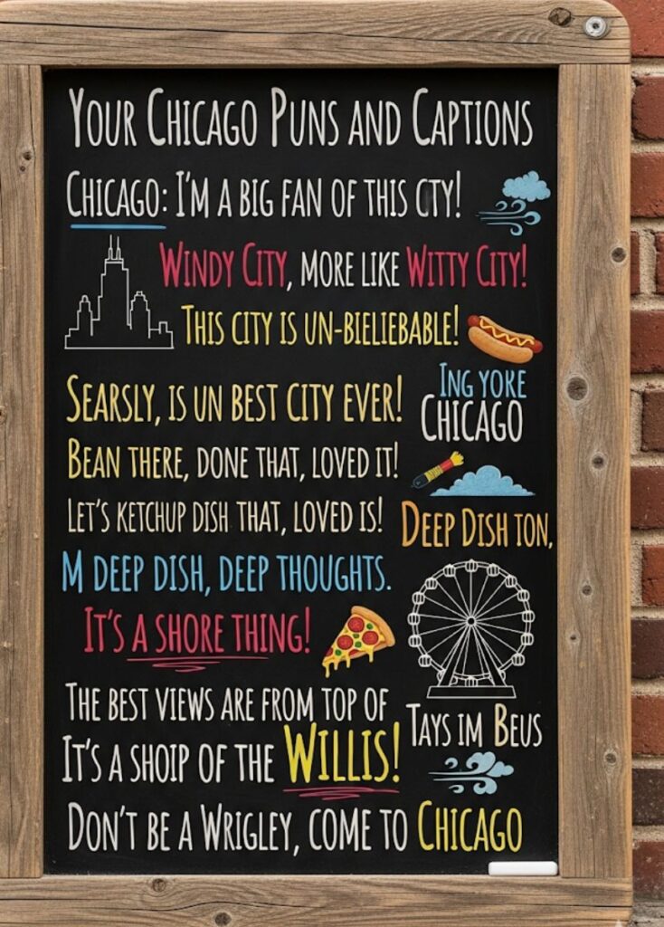 A guide to creating Chicago-themed puns and captions, offering witty wordplay, playful humor, and clever ideas for social media posts.