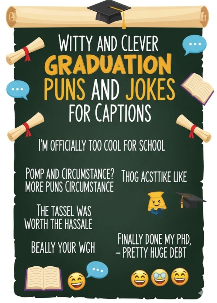 "Graduation cap, diploma, and confetti with a playful vibe, representing witty and clever graduation puns and jokes perfect for captions."