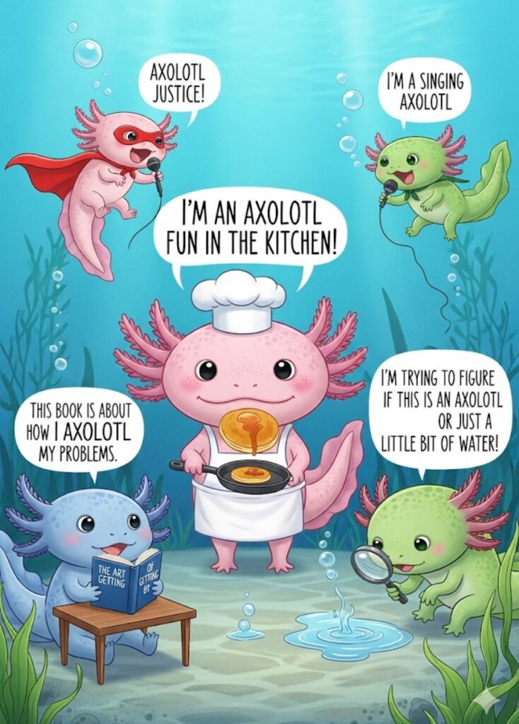 A witty collection of axolotl puns and jokes that deliver clever laughs and amphibian-themed humor.