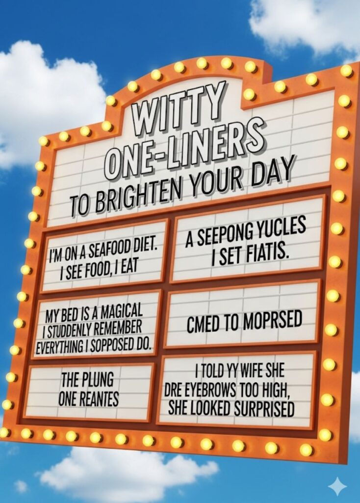 "A collection of witty one-liners designed to brighten your day with clever humor and quick laughs