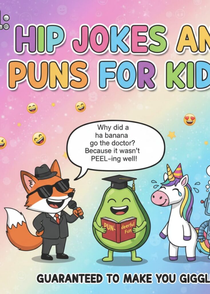 A collection of kid-friendly hip jokes and puns, featuring playful humor, clever wordplay, and lighthearted laughs suitable for children."