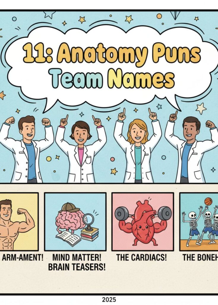 A collection of anatomy-themed jokes, puns, and team name ideas, featuring playful humor, clever wordplay, and lighthearted fun for groups and readers.