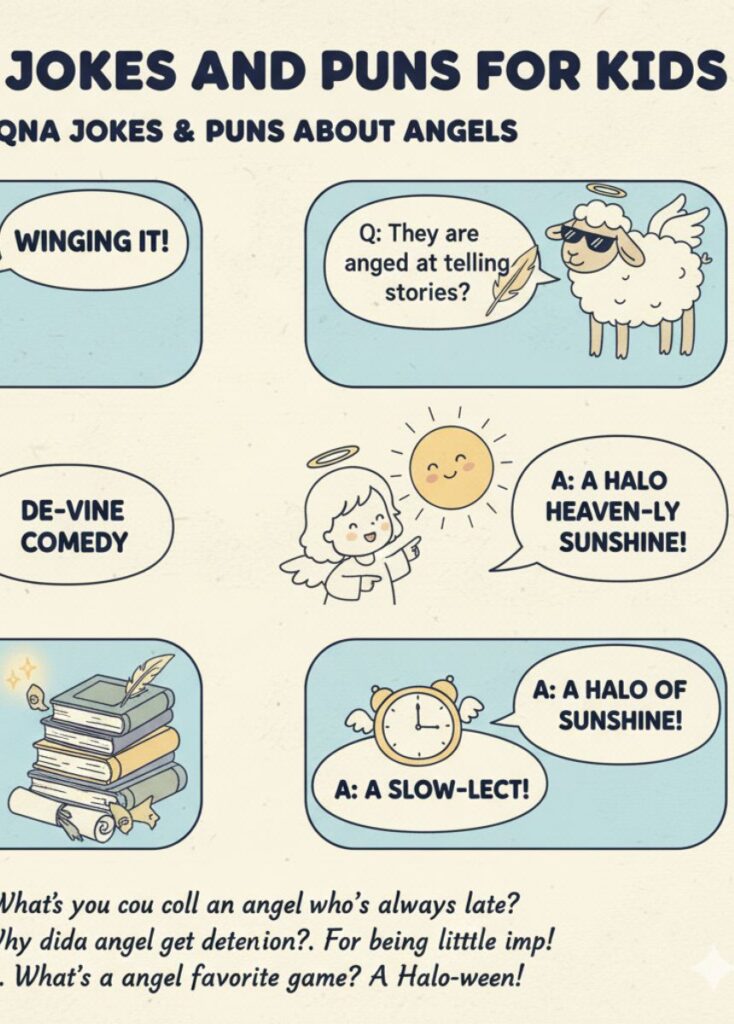 A collection of kid-friendly angel jokes and puns, featuring playful humor, clever wordplay, and lighthearted laughs suitable for children