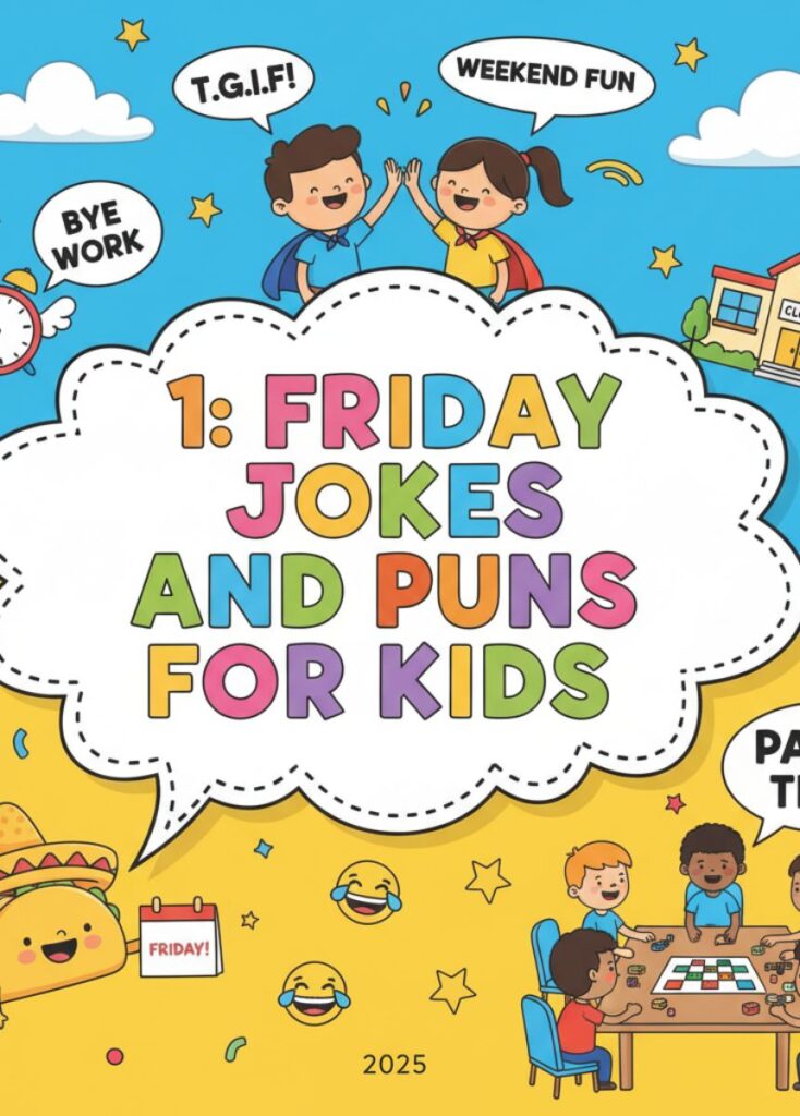 A collection of kid-friendly Friday jokes and puns, featuring playful humor, clever wordplay, and lighthearted laughs perfect for children."