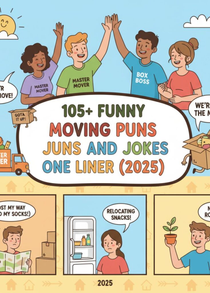 A collection of 105 funny moving-themed puns and one-liner jokes for 2025, featuring playful humor, clever wordplay, and lighthearted laughs."