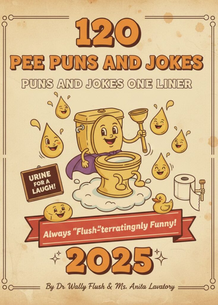 A collection of 120 pee-themed puns and one-liner jokes, featuring playful humor, clever wordplay, and lighthearted laughs."
