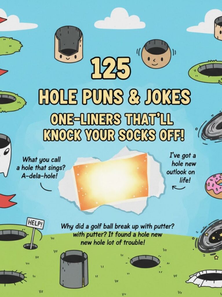 A cartoon-style hole in the ground with characters laughing around it, representing funny hole puns, jokes, and one-liners that bring humor to everyday situations.