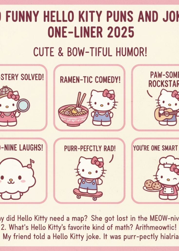 A collection of 130 funny Hello Kitty-themed puns and one-liner jokes for 2025, featuring playful humor, clever wordplay, and lighthearted laughs.