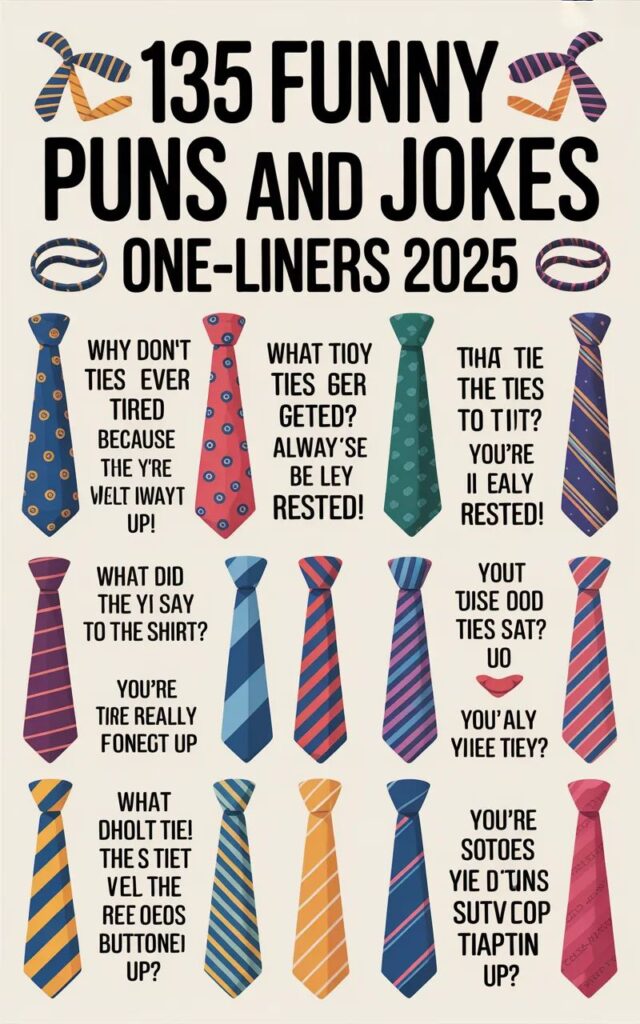 Laugh out loud with 135 funny tie puns and one-liner jokes about neckties, fashion, and style.