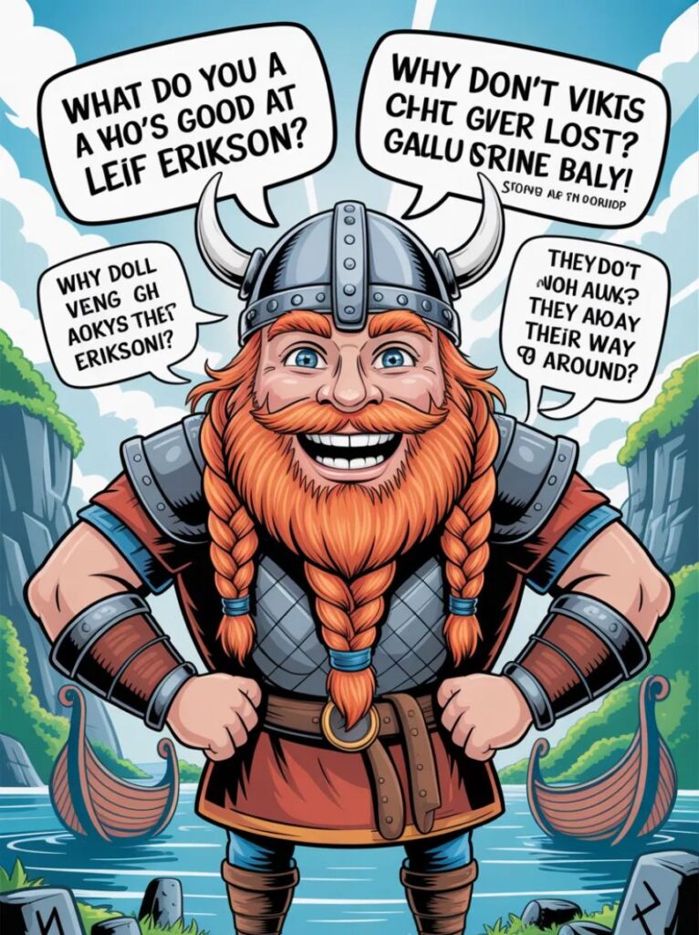 A cheerful cartoon Viking with a horned helmet laughing, representing 135 funny Viking puns and one-liner jokes for 2025.