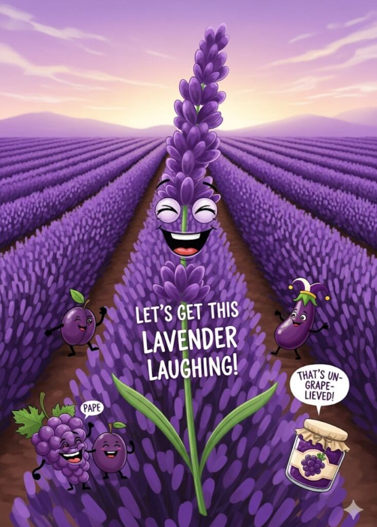 A collection of 143 purple-themed puns and jokes, featuring playful lavender humor, clever wordplay, and lighthearted laughs for readers to enjoy."