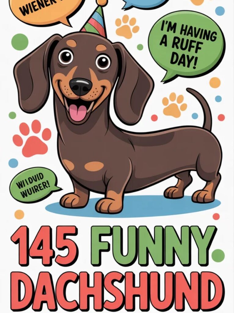 A cute dachshund dog smiling and wagging its tail, representing 145 funny dachshund puns and one-liner jokes for 2025.